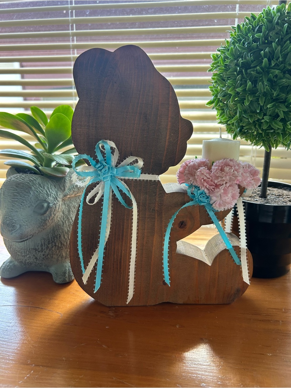 Handcrafted Wood Bunny Candle Holder with Blue Ribbon